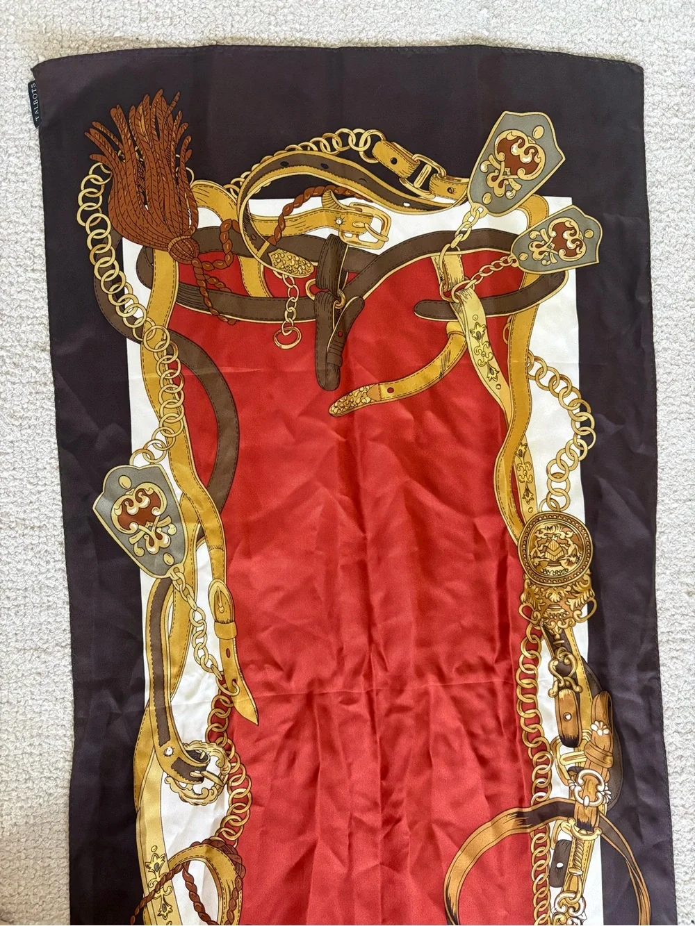 Talbots 100% Silk Equestrian Scarf Brown Red Gold Carriage Print